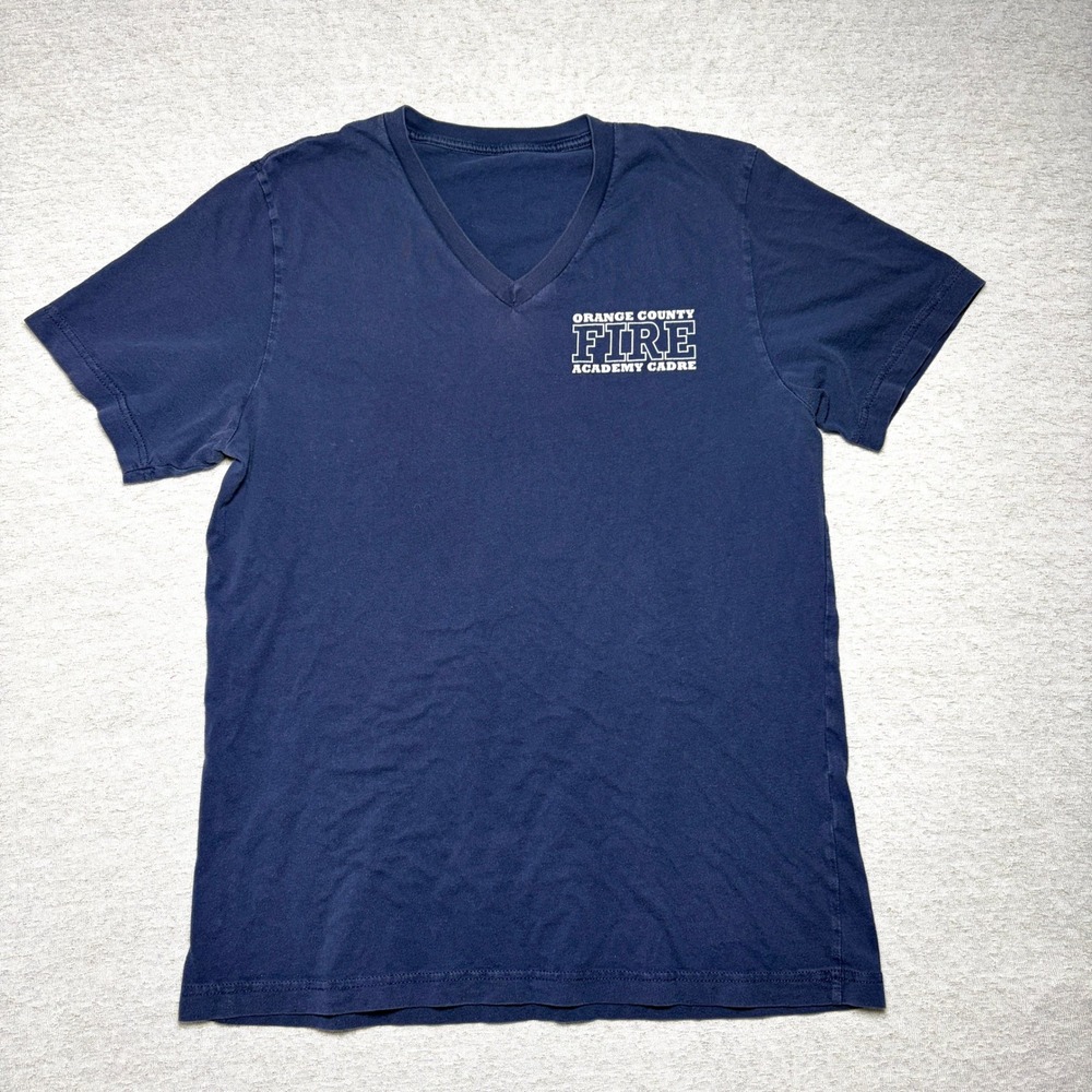 Orange County Fire Academy Cadre Mens V-Neck T-Shirt Small Navy Blue Graphic Tee